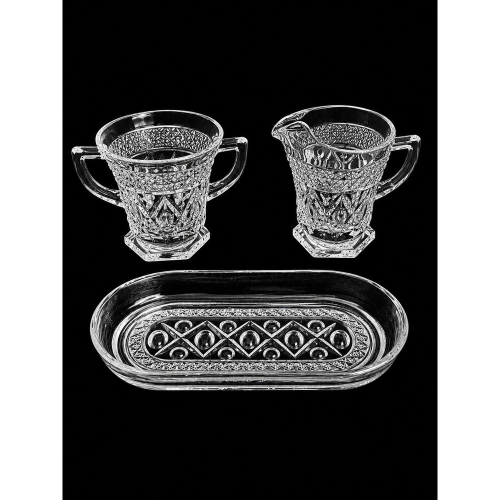 Imperial Glass Cape Cod Creamer Spooner/Sugar and Tray 3 Piece Set Pressed Glass